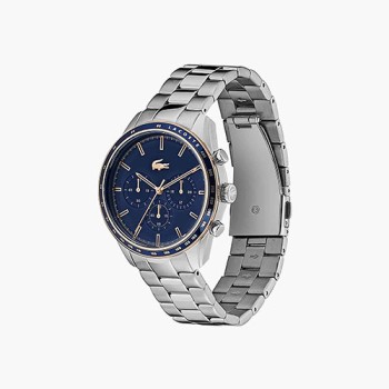 Lacoste Mens Boston Chronograph Silver-Tone Stainless Steel Watch, Navy Dial